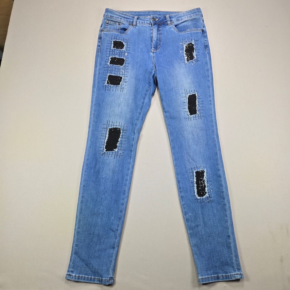 Joseph Ribkoff Jeans Rhinestone Distressed Slim Leg Blue Denim Womens 10